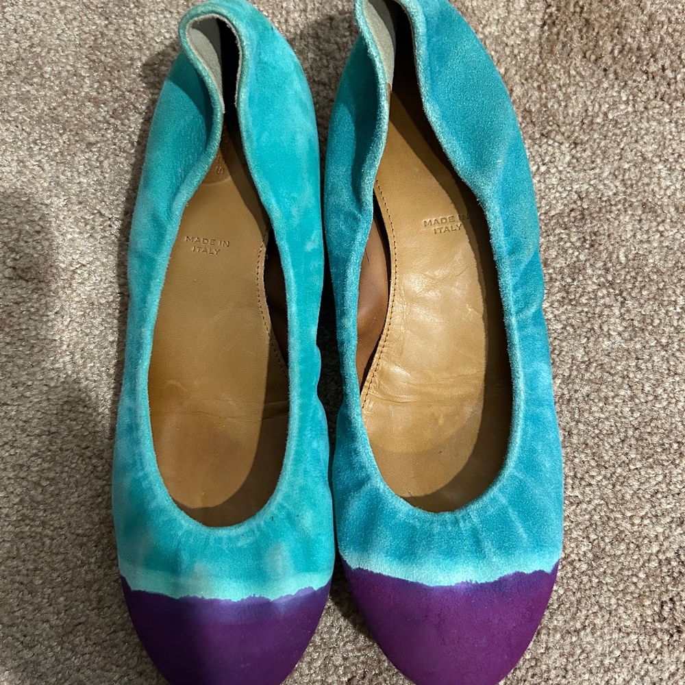 Leifnotes hand-painted purple and turquoise suede flats